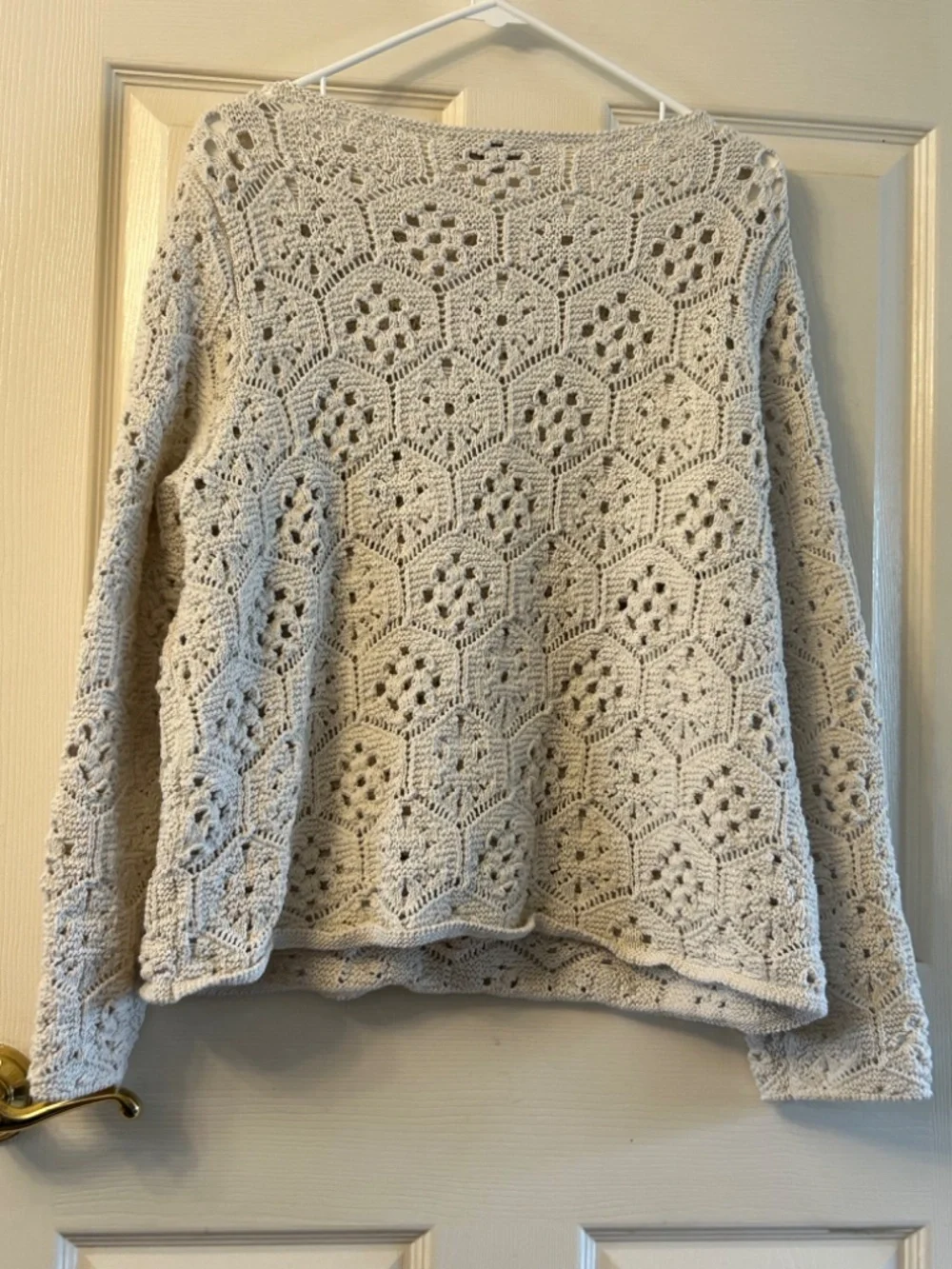 LOFT Cream Crochet Open Knit Crewneck Sweater